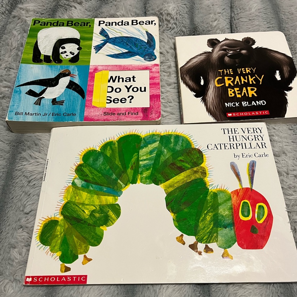 3 books Very Hungry Caterpillar, Very Cranky Bear, Panda Bear Slide and Find